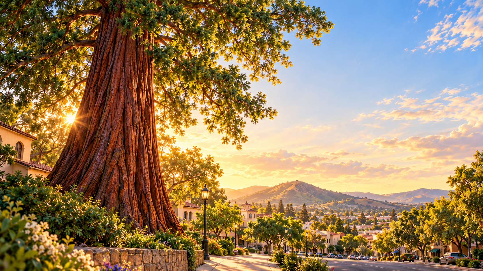 Redwood tree above San Luis Obispo at golden hour